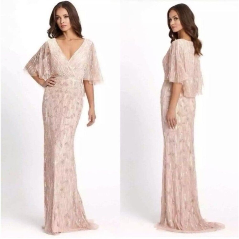Mac Duggal Blush Pink Embellished Cap Sleeve Faux Wrap Trumpet Gown Dress 14